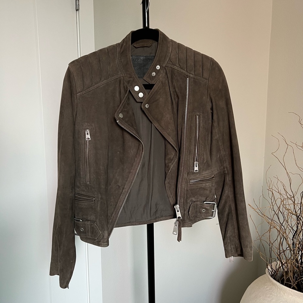 ALLSAINTS Dark Taupe Suede Moto Jacket